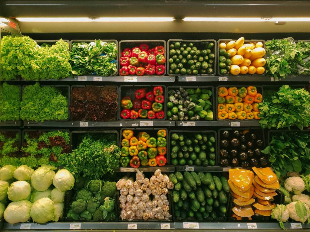 Fresh produce arranged at a grocery market
