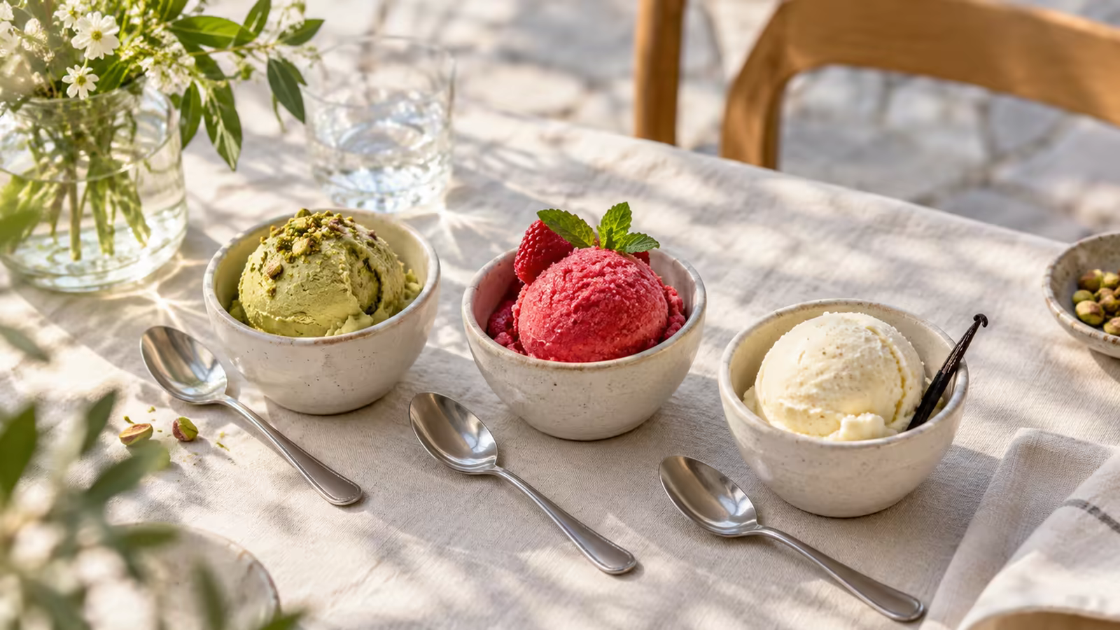 Small tasting portions of pistachio gelato, fruit sorbet, and vanilla ice cream