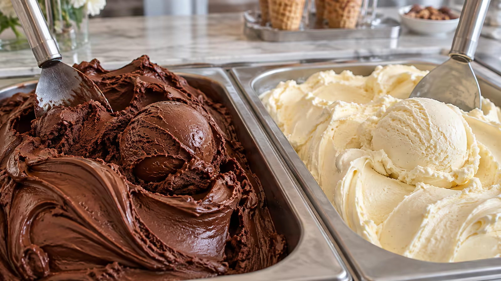 Dense chocolate gelato and airier vanilla ice cream in separate metal pans