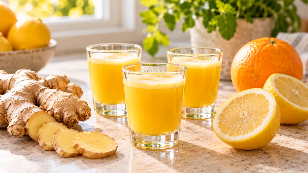 Bright ginger shots with fresh ginger, lemon, and orange on a kitchen counter