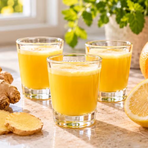 Bright ginger shots with fresh ginger, lemon, and orange on a kitchen counter