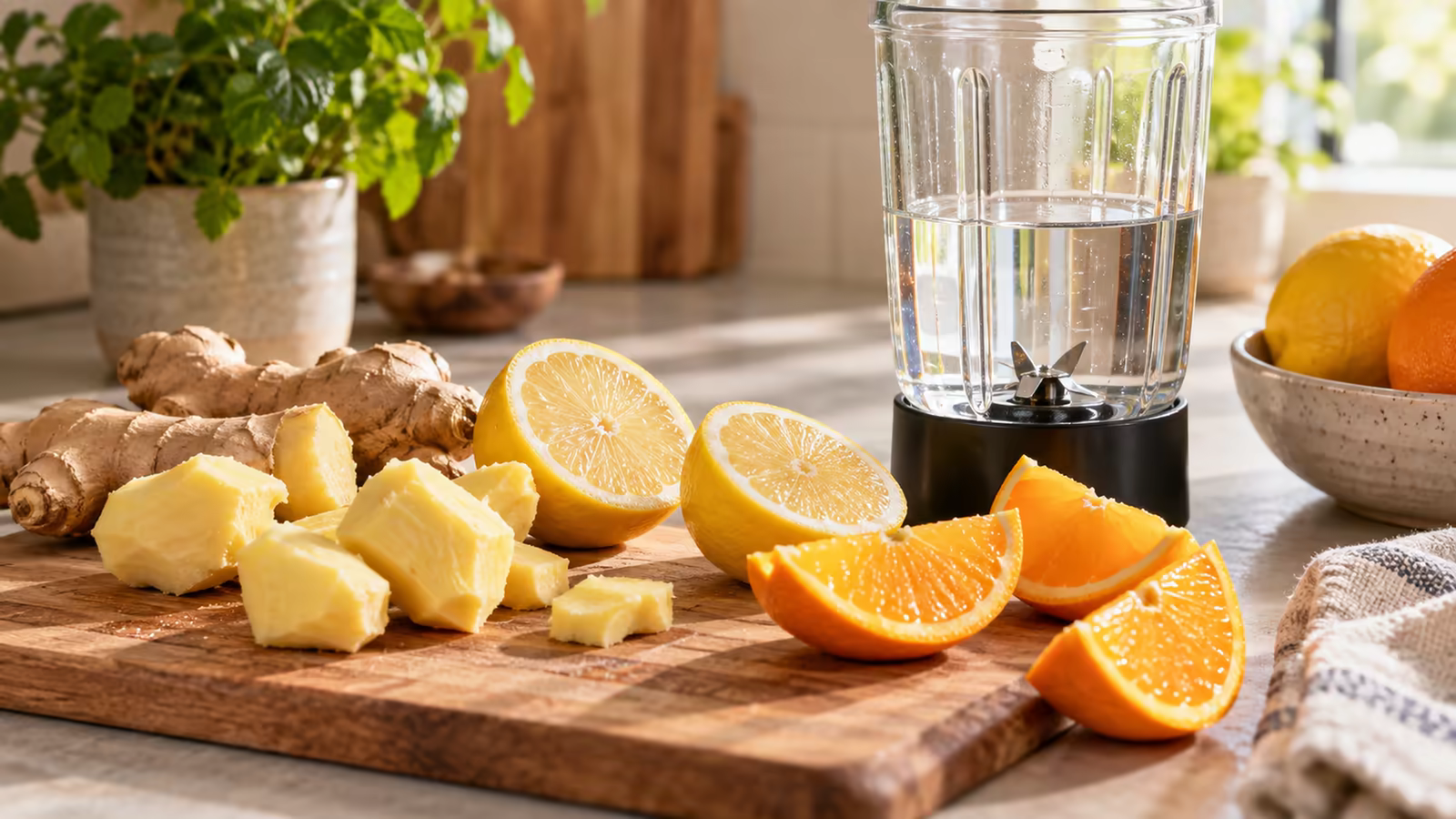 Fresh ginger, lemon, orange, water, and turmeric arranged for homemade ginger shots