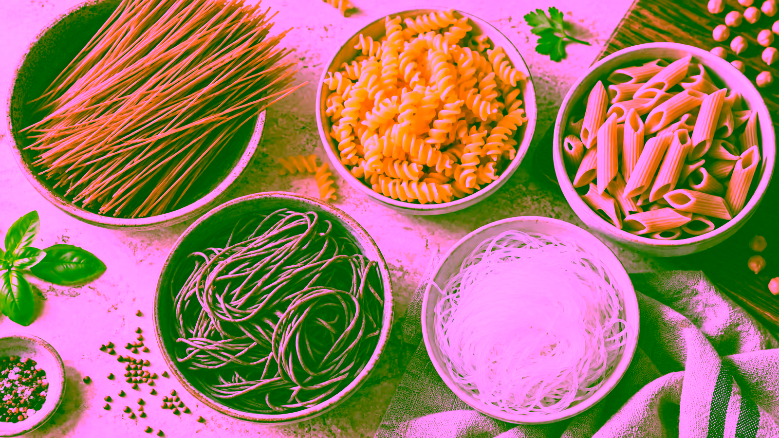 Several kinds of uncooked gluten-free noodles made from rice, corn, legumes, and buckwheat