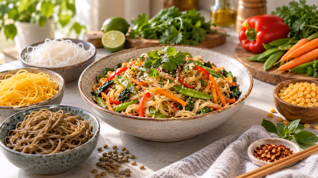 Bowl of gluten-free noodles with colorful vegetables and herbs surrounded by several noodle varieties
