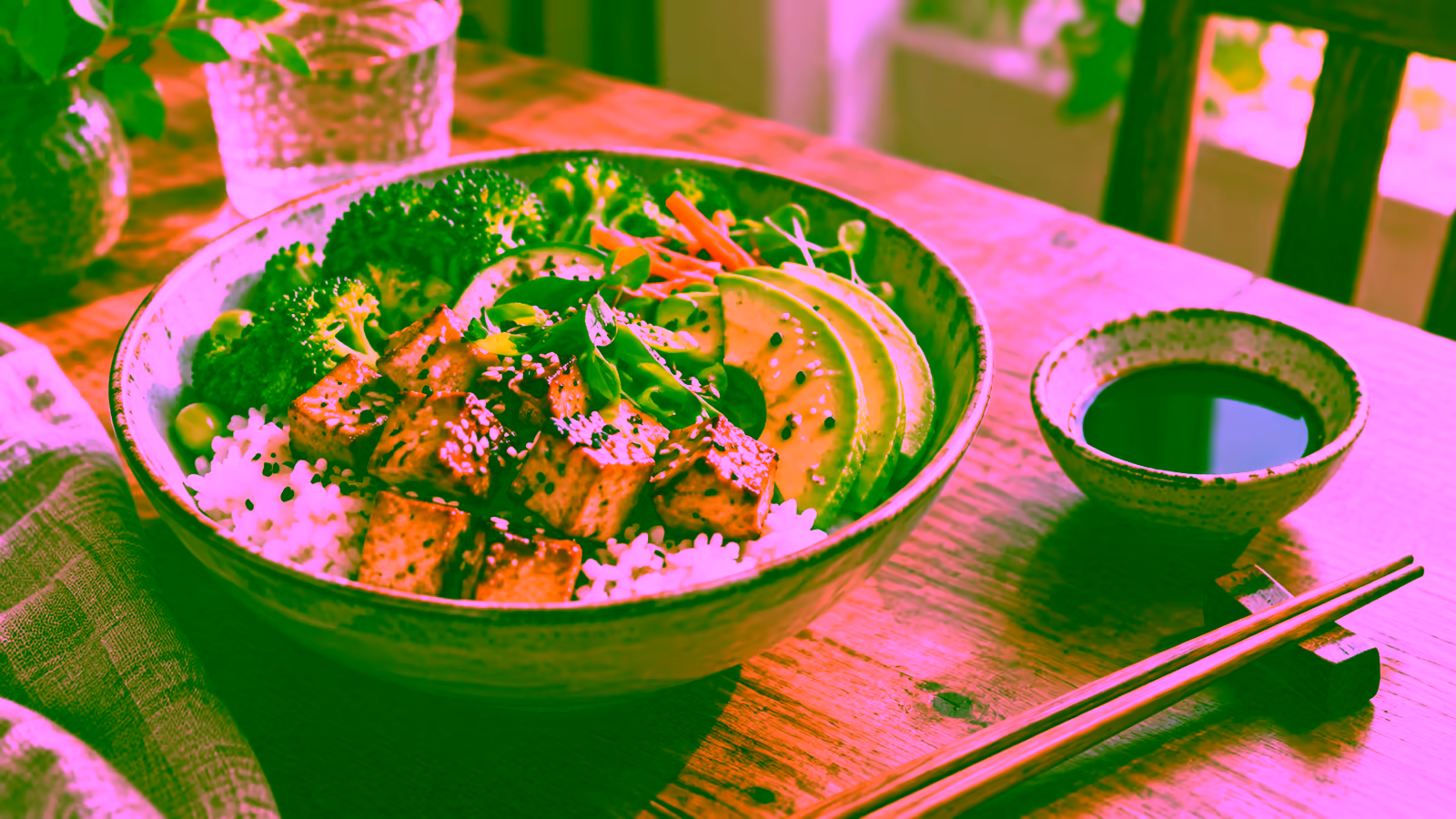 A rice and vegetable meal with a small bowl of gluten-free soy-style sauce served separately