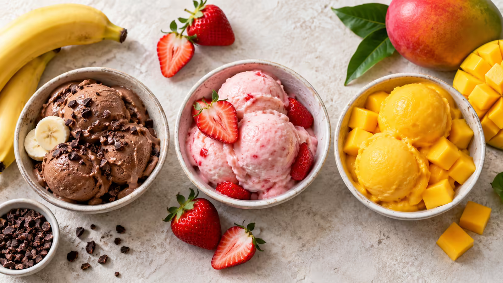 Banana cocoa, strawberry yogurt, and mango frozen desserts in three bowls