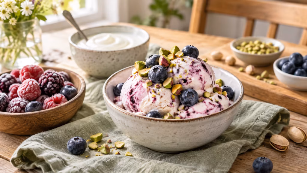 Creamy berry yogurt ice cream topped with blueberries and chopped pistachios