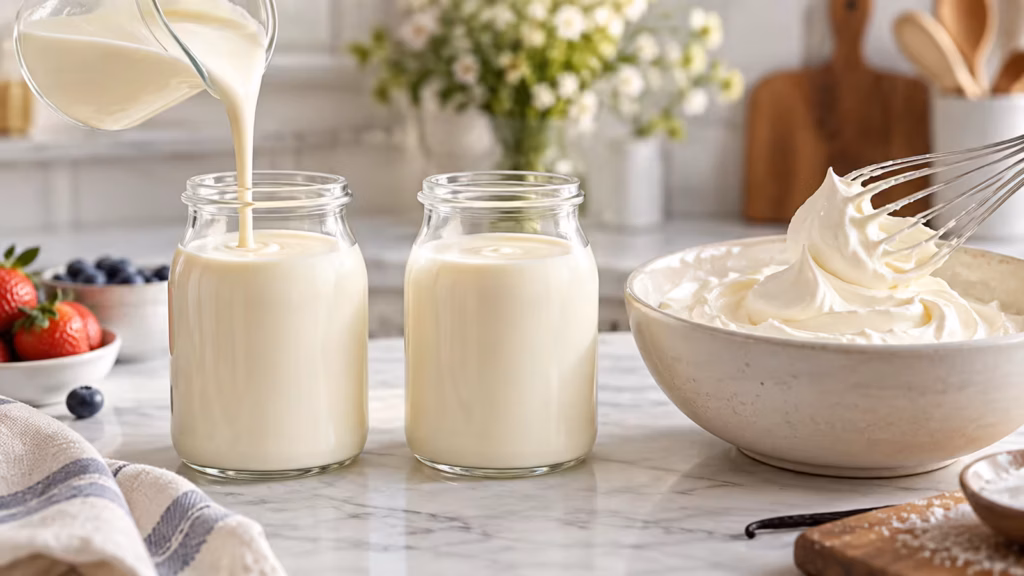 Two jars of rich cream beside a bowl of softly whipped cream
