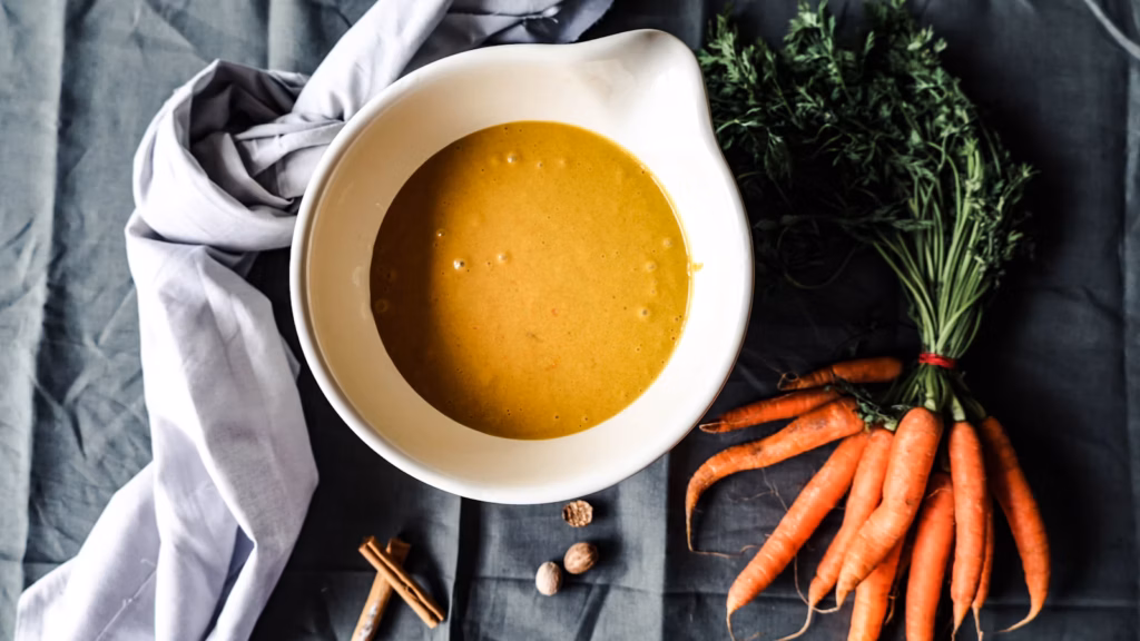 Golden broth in a bowl beside carrots and garlic