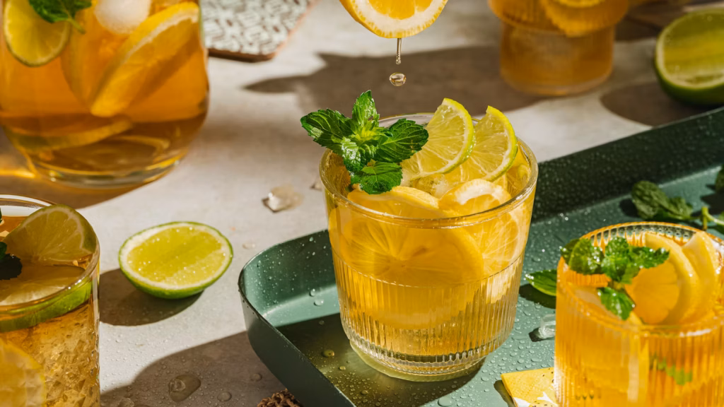 Homemade iced tea with lemon, lime, mint, and honey