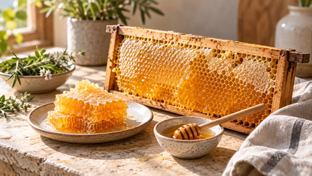Golden honey comb pieces beside a wooden honeycomb frame and honey dipper