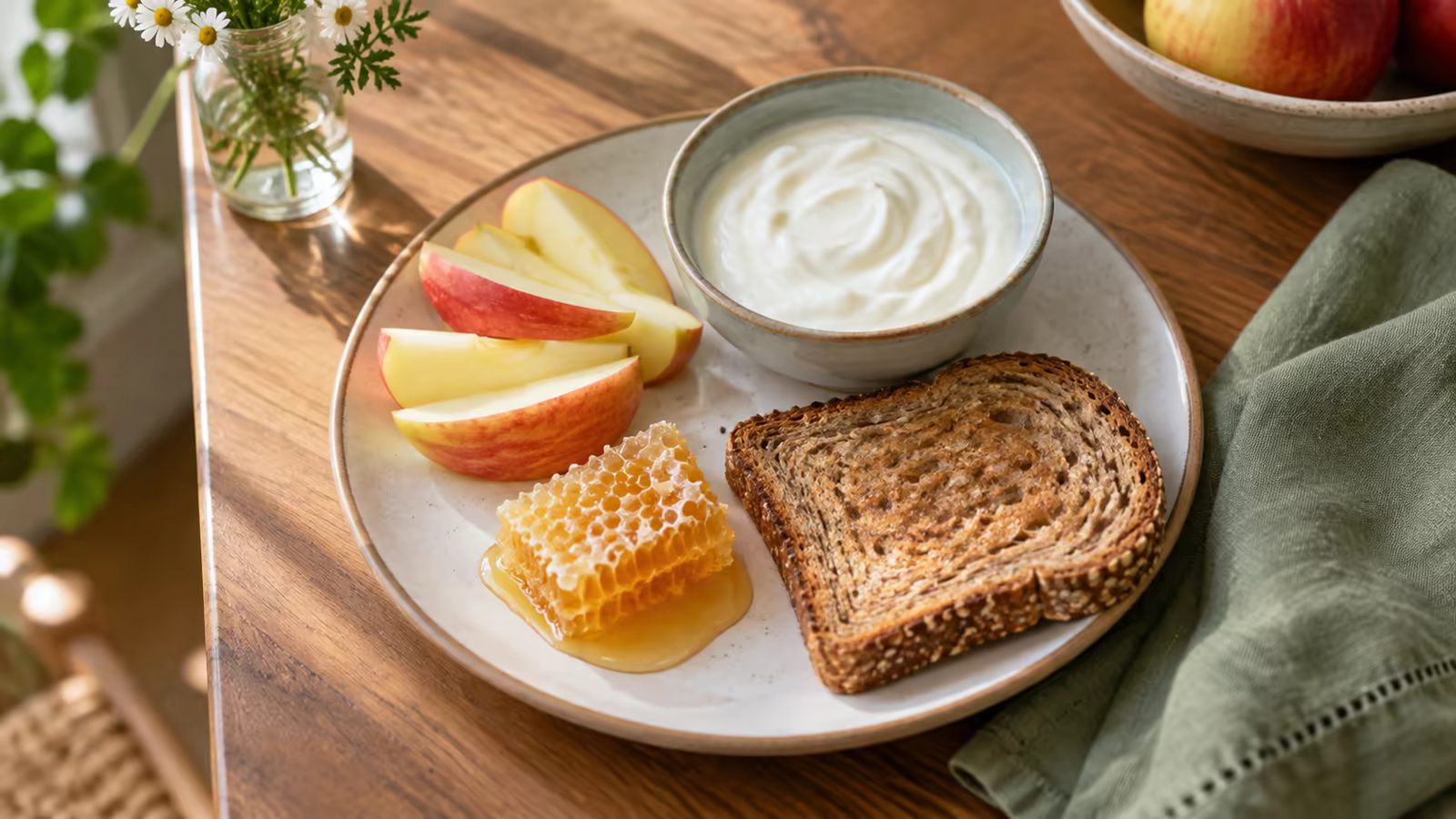 Balanced snack plate with honeycomb, apple slices, whole-grain toast, and yogurt