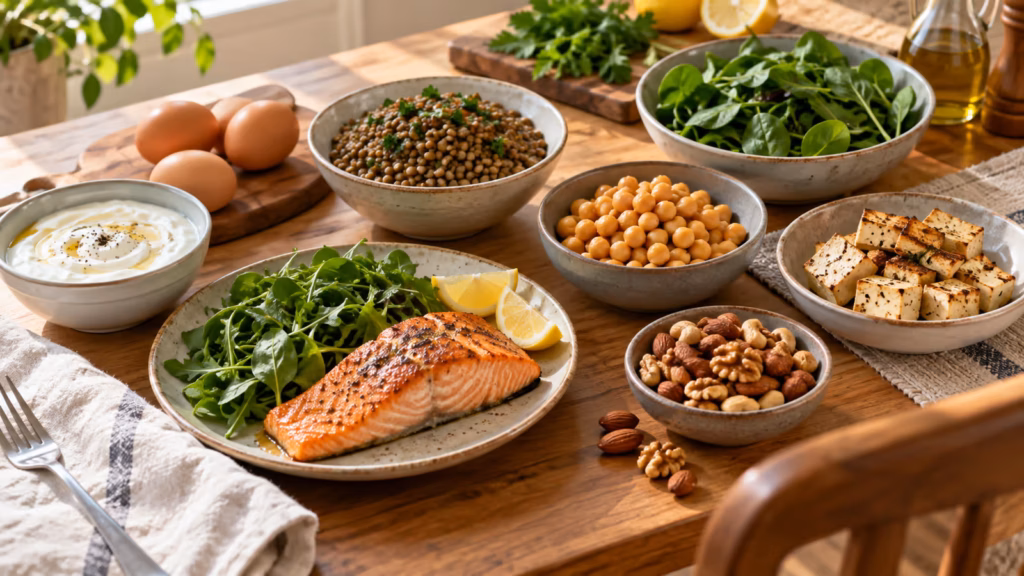 Balanced plate with chicken, beans, eggs, yogurt, and other protein foods
