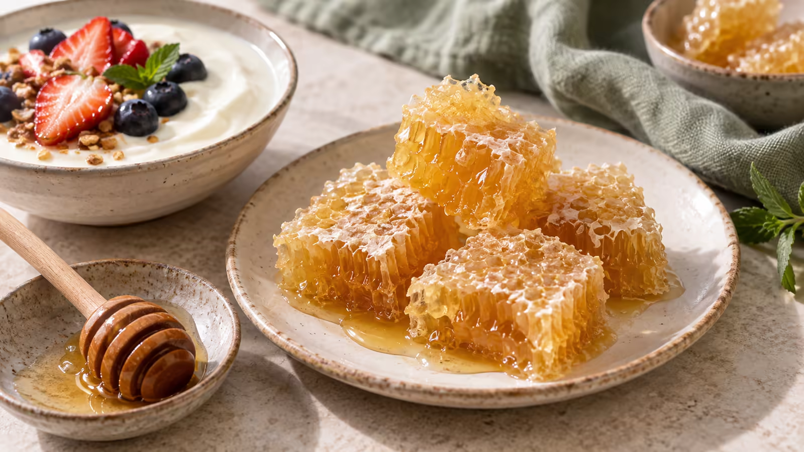 Raw honeycomb pieces served with plain yogurt, berries, and a honey dipper
