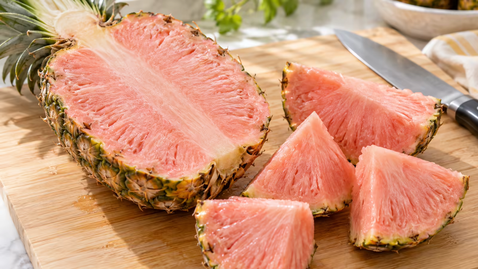 A freshly cut pink pineapple showing naturally rosy flesh on a clean wooden board