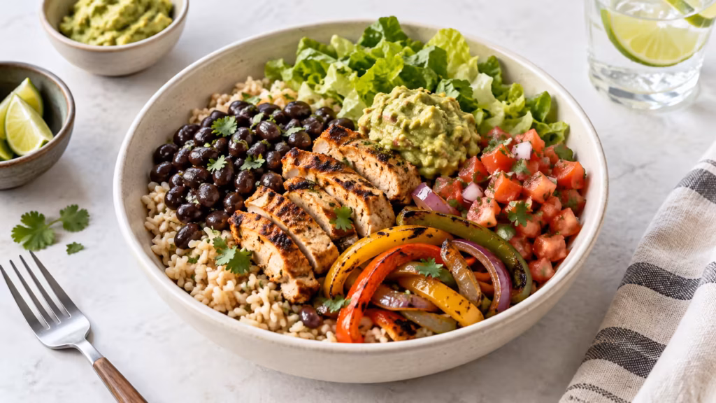 Balanced burrito bowl with brown rice, black beans, chicken, vegetables, salsa, lettuce, and guacamole