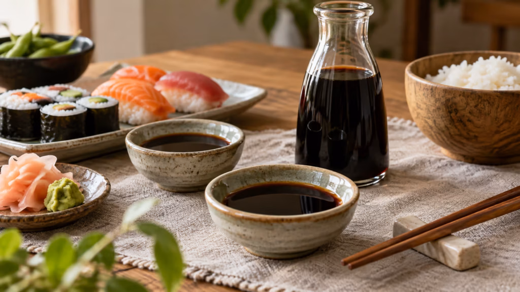 Small bowl of soy sauce beside soybeans and wheat grains