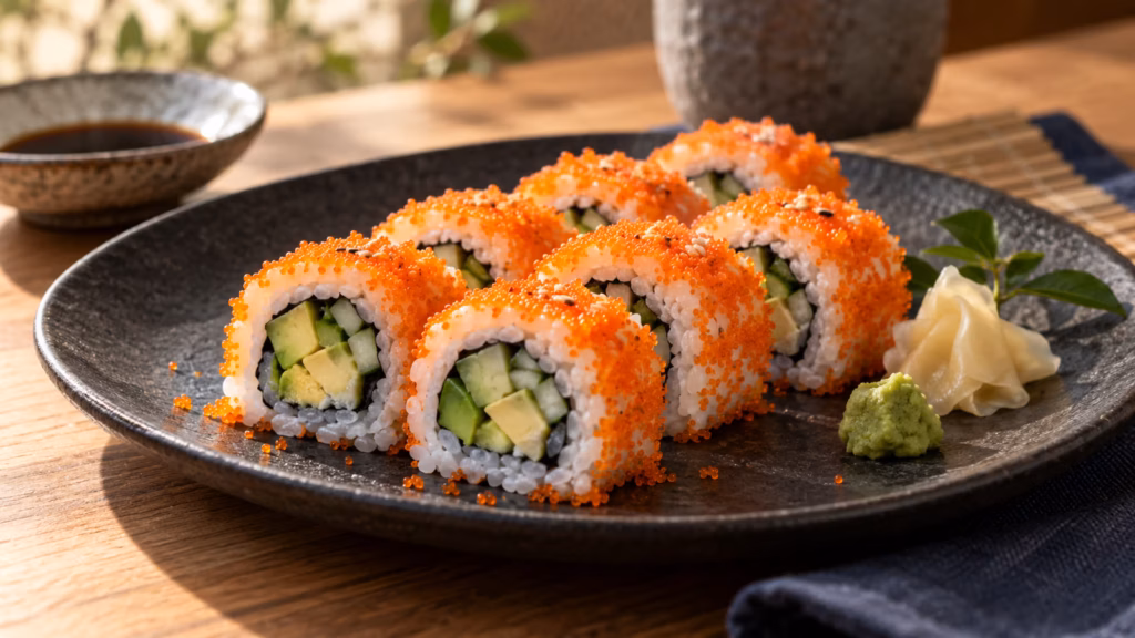 Sushi rolls topped with tiny orange masago, avocado, cucumber, and nori