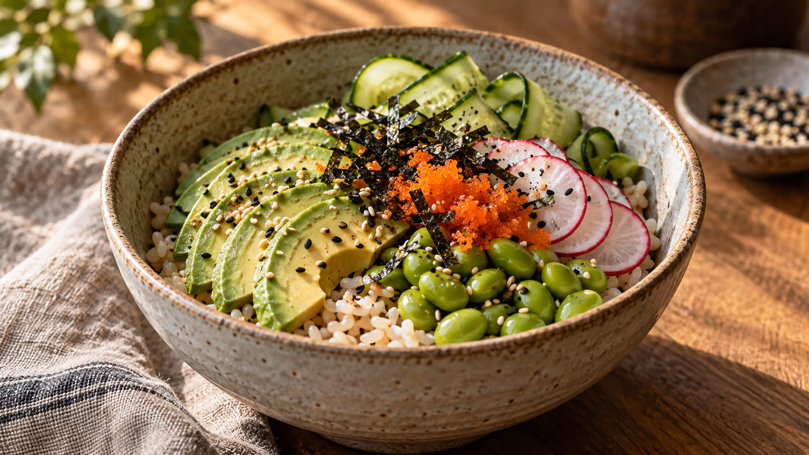 Rice bowl topped with a small spoonful of orange masago, cucumber, avocado, and nori