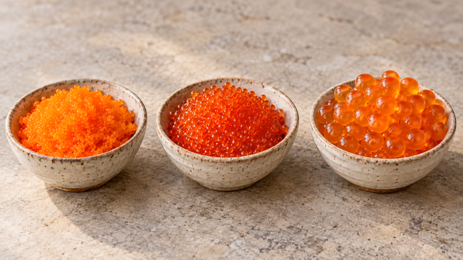 Small dishes of fine orange masago, larger tobiko, and salmon roe shown side by side