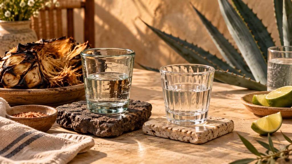 Two small unbranded glasses of mezcal and tequila beside roasted agave, fresh agave leaves, lime, and water