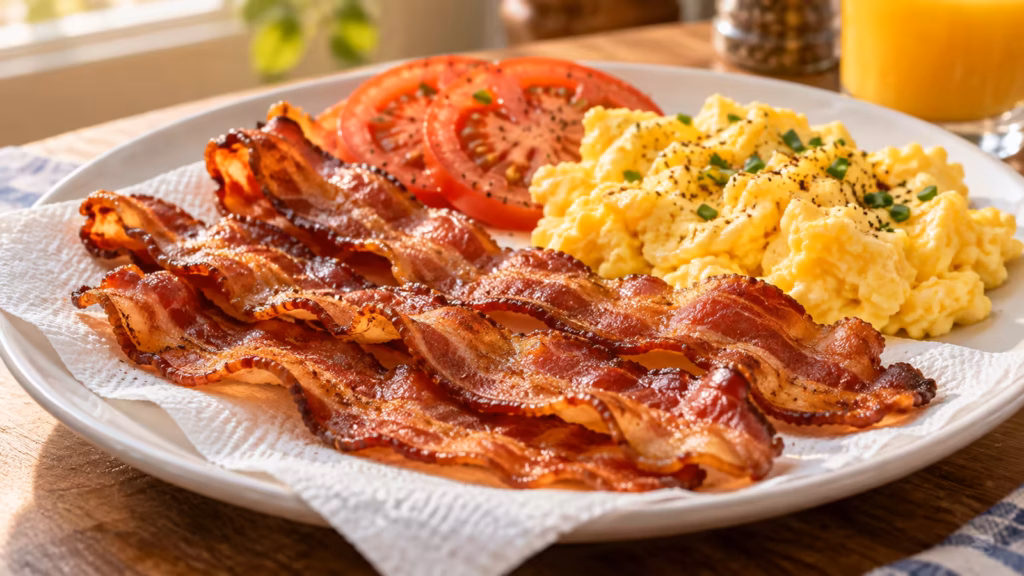 Crisp microwave bacon served beside eggs and toast on a breakfast plate