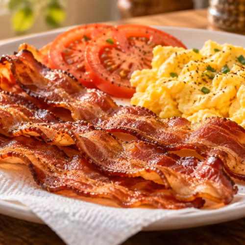 Crisp microwave bacon served beside eggs and toast on a breakfast plate