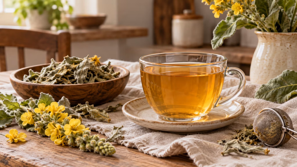 Golden mullein tea with fresh mullein leaves and yellow flowers