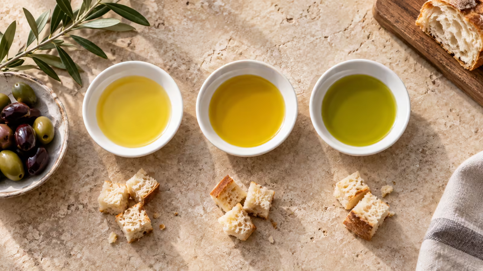 Three tasting bowls of olive oils in pale gold, gold, and green-gold shades