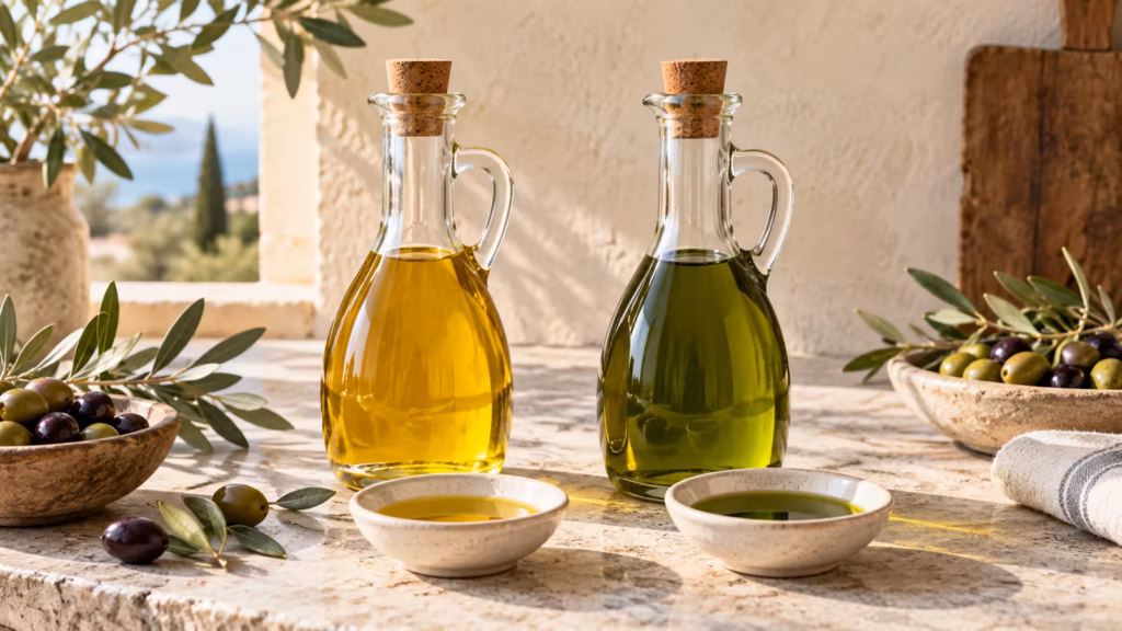 Two glass bottles and tasting bowls showing olive oil and extra virgin olive oil