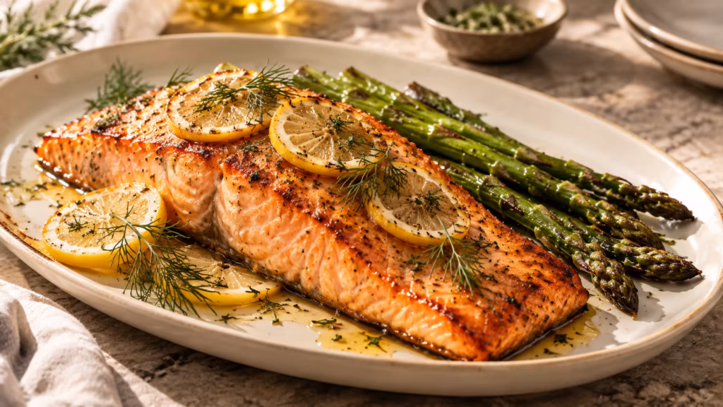 Oven-roasted salmon fillets with lemon, dill, and green vegetables on a serving platter