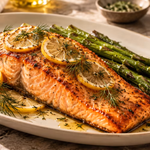 Oven-roasted salmon fillets with lemon, dill, and green vegetables on a serving platter