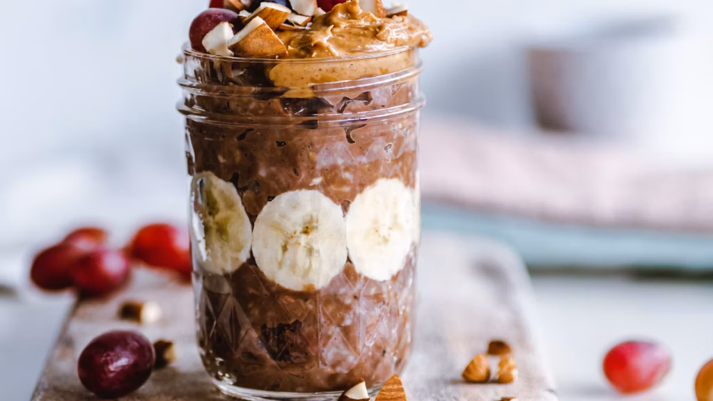 Chocolate overnight oats prepared in a glass jar