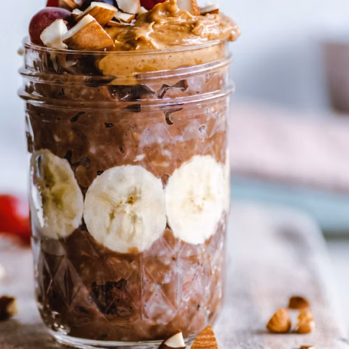 Chocolate overnight oats prepared in a glass jar