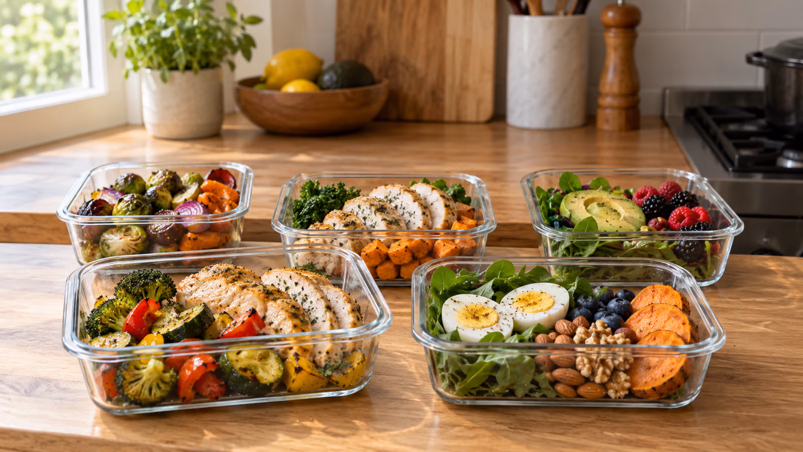 Containers of roasted vegetables, cooked chicken, eggs, fruit, and nuts prepared for a paleo meal plan