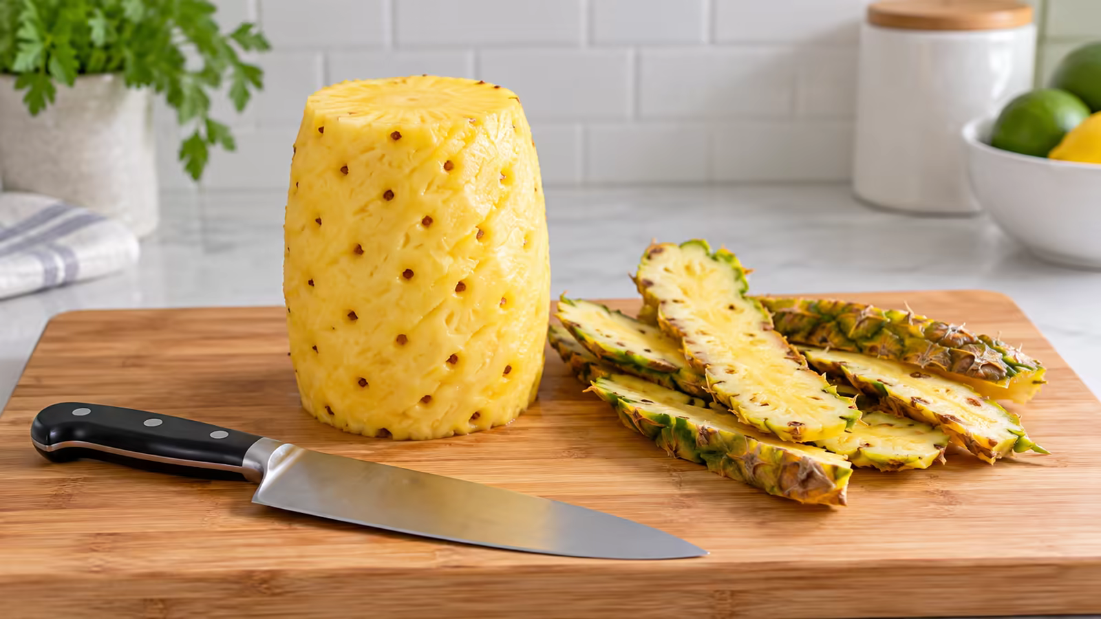 Peeled pineapple standing upright beside peel strips and a safely placed knife