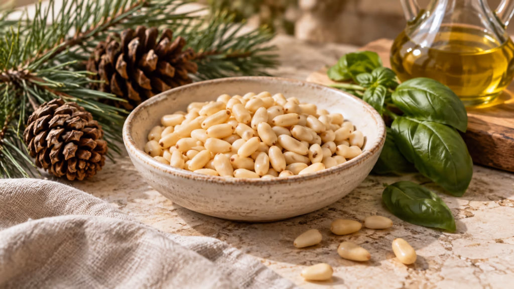 Fresh pine nuts in a ceramic bowl beside pine cones, pine sprigs, basil, and olive oil