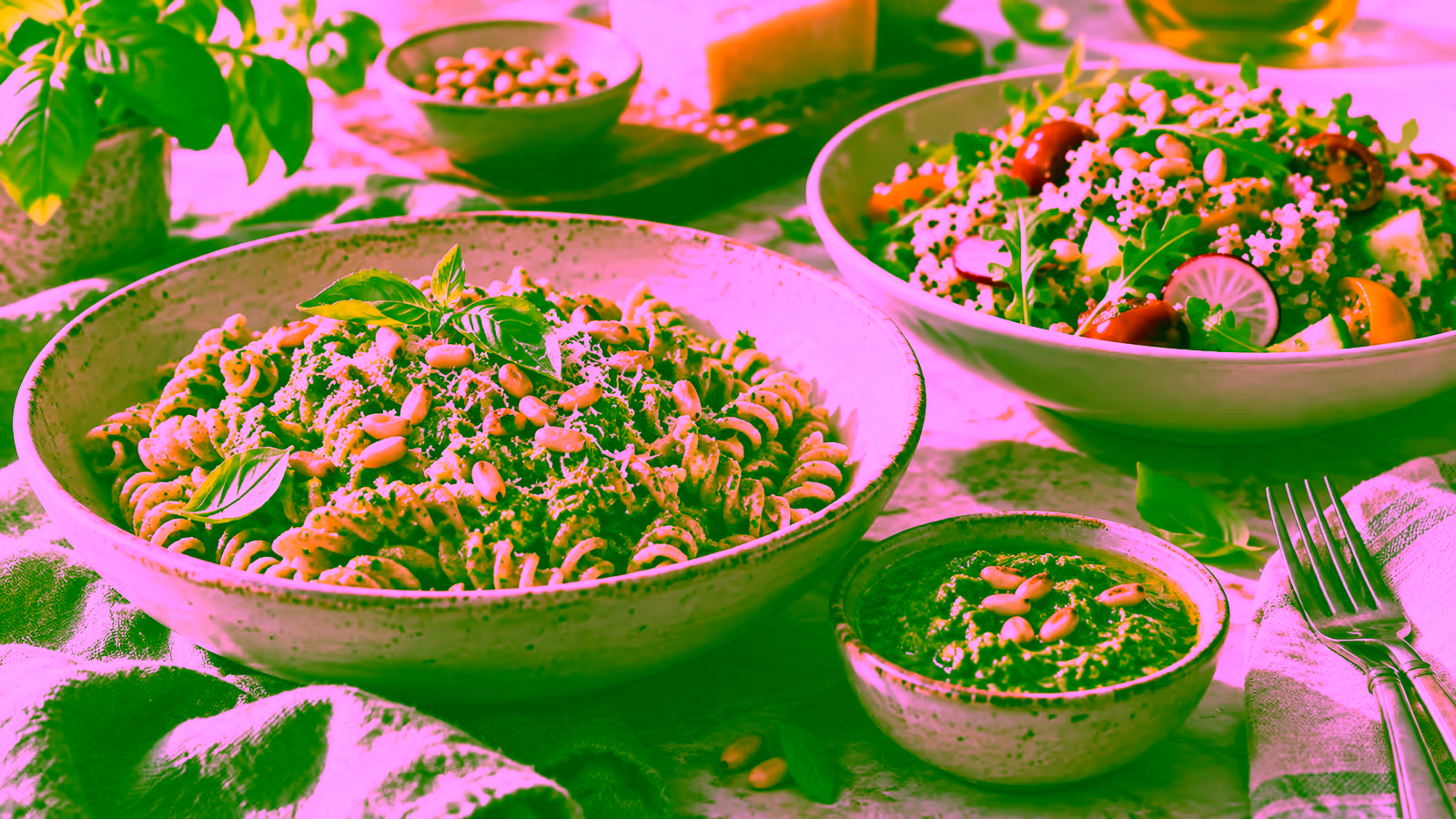 Fresh pesto, a grain salad, and pasta finished with toasted pine nuts