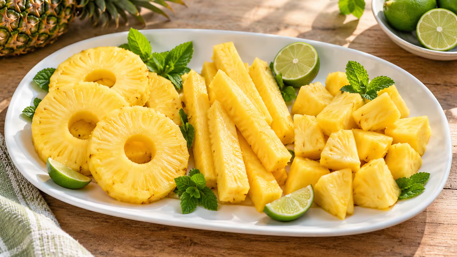 Pineapple cut into distinct rings, spears, and chunks on a white platter