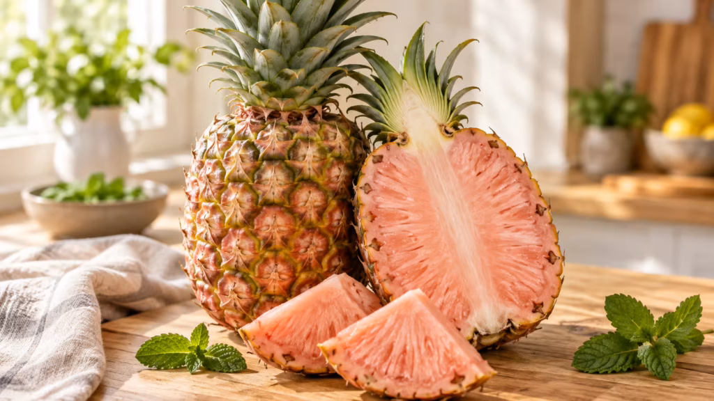 A whole pink pineapple beside a cut half and wedges showing coral-pink flesh