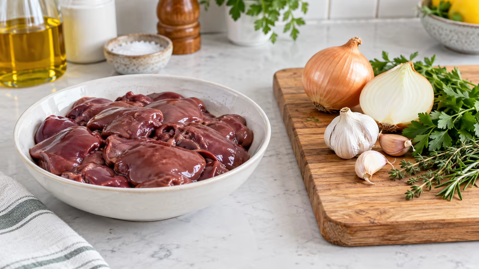 Raw chicken livers kept separate from onion, garlic, and herbs during preparation