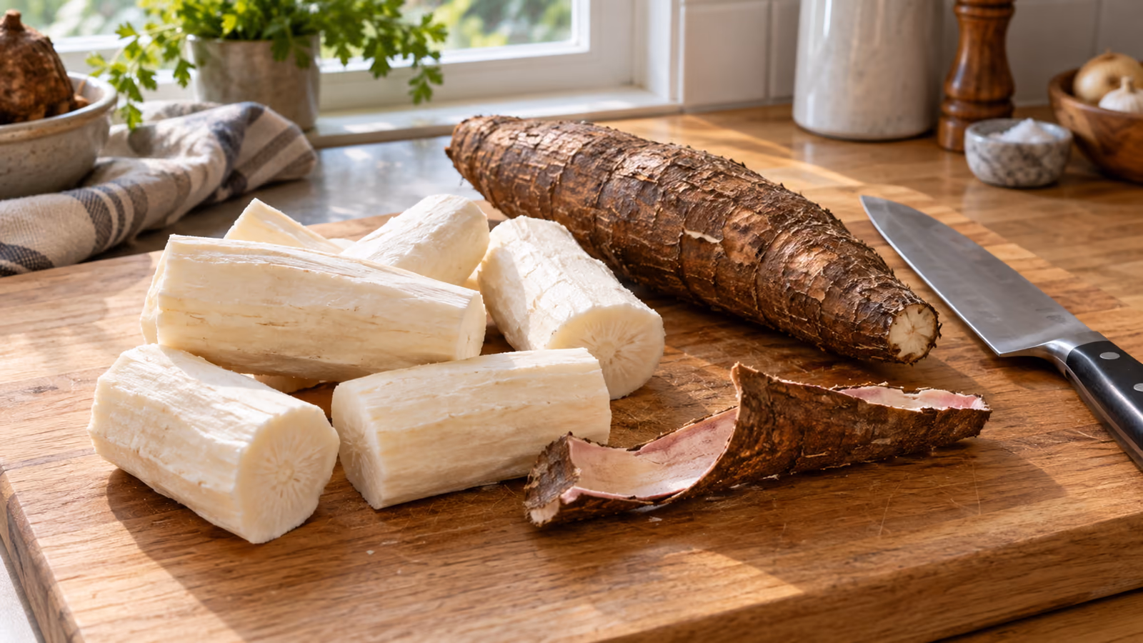Peeled fresh yuca pieces beside a knife before being boiled for fries