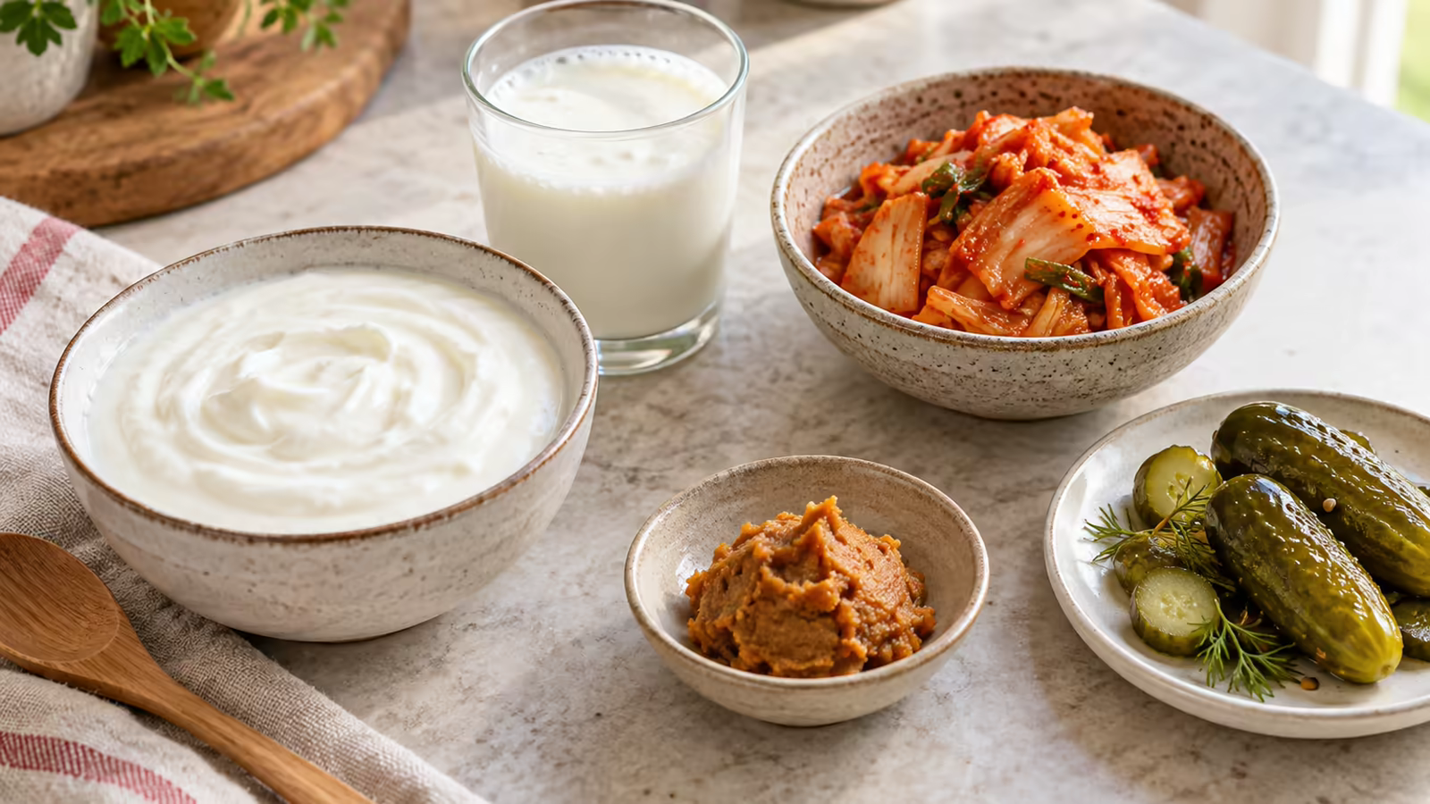 Plain yogurt, kefir, miso, kimchi, and a probiotic supplement arranged on a kitchen table