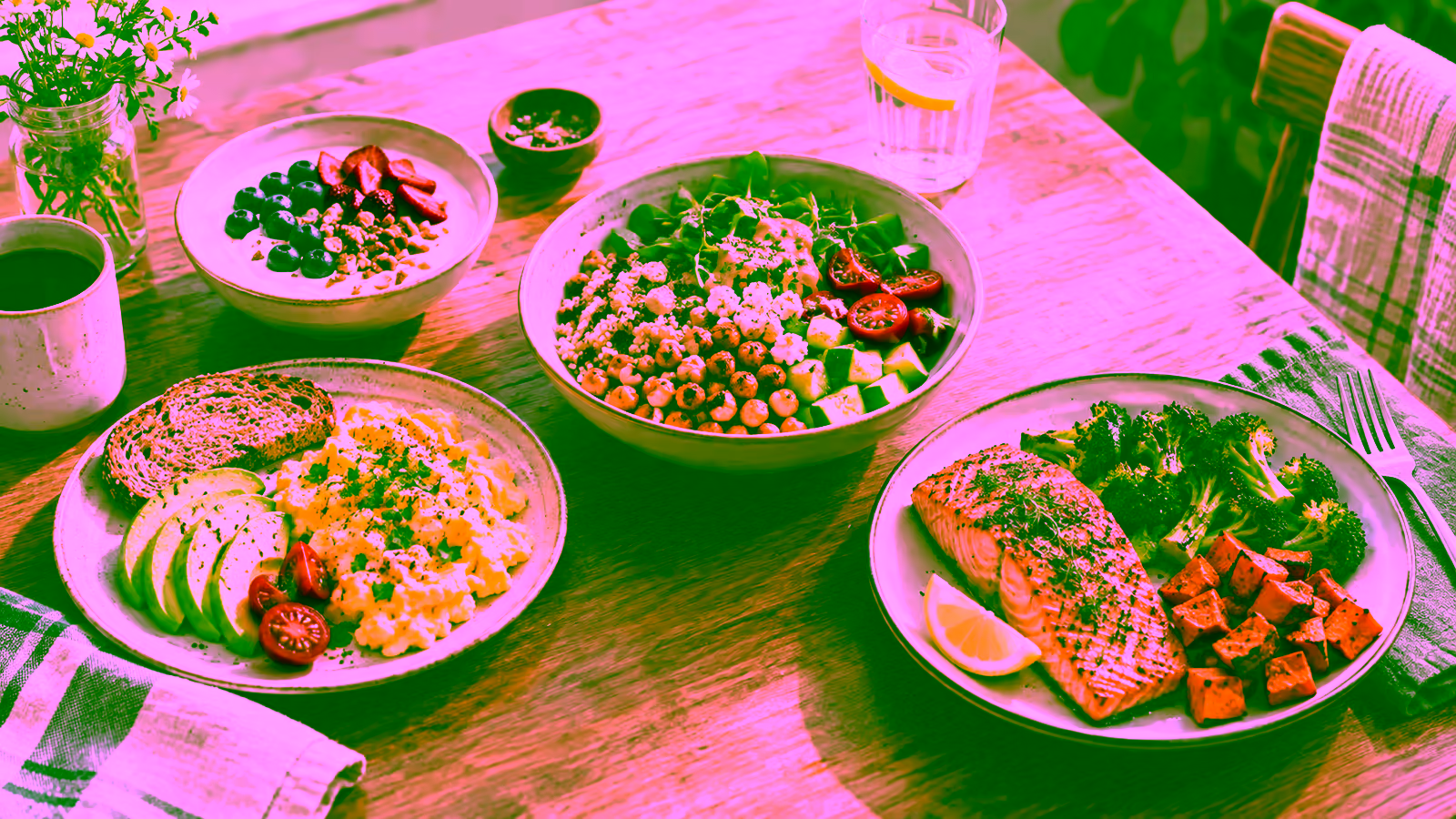 Breakfast, lunch, and dinner arranged to show varied protein foods across one day