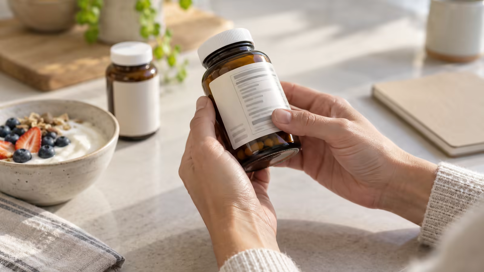 Hands checking the back label of an unbranded probiotic supplement bottle beside plain yogurt