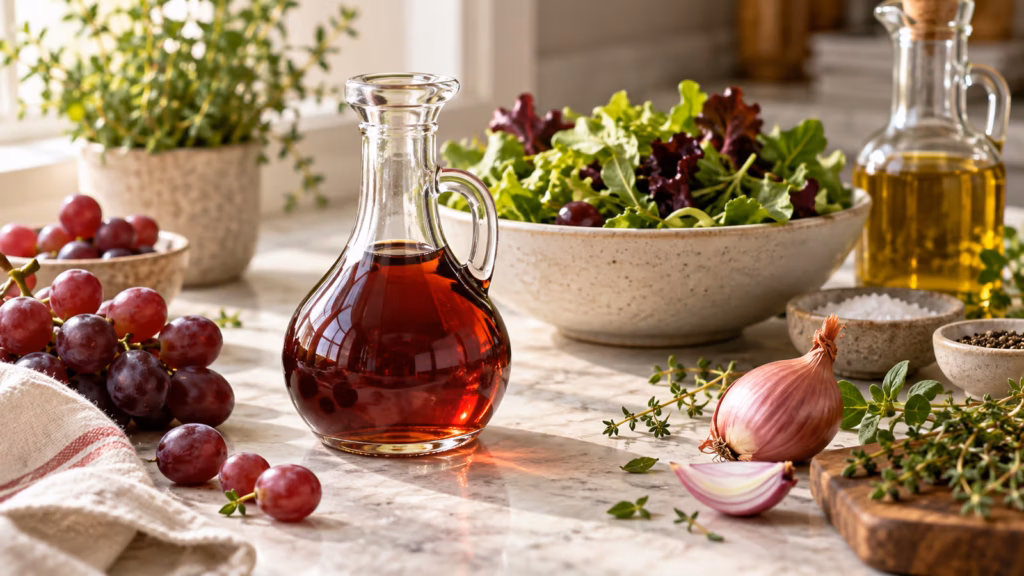 Red wine vinegar in a glass cruet beside grapes, salad greens, olive oil, shallot, and herbs