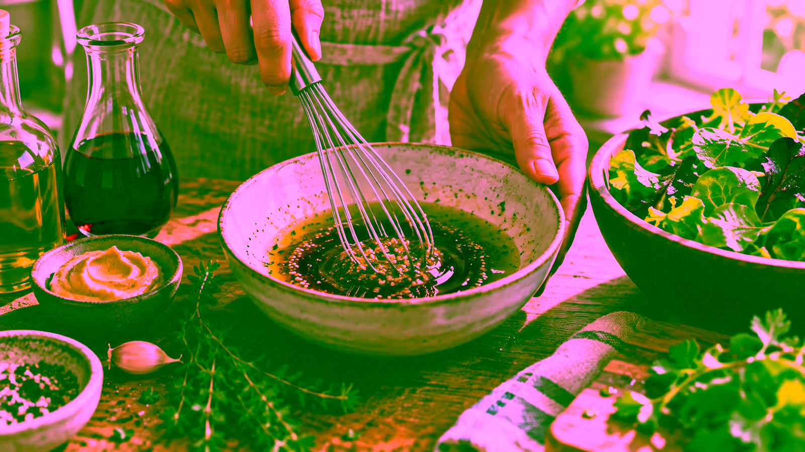Red wine vinegar being whisked with olive oil and mustard in a small bowl