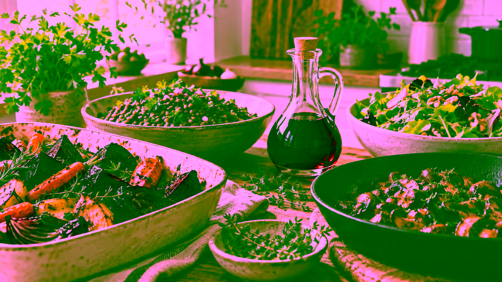 A warm kitchen spread with red wine vinegar, salad, lentils, roasted vegetables, and herbs