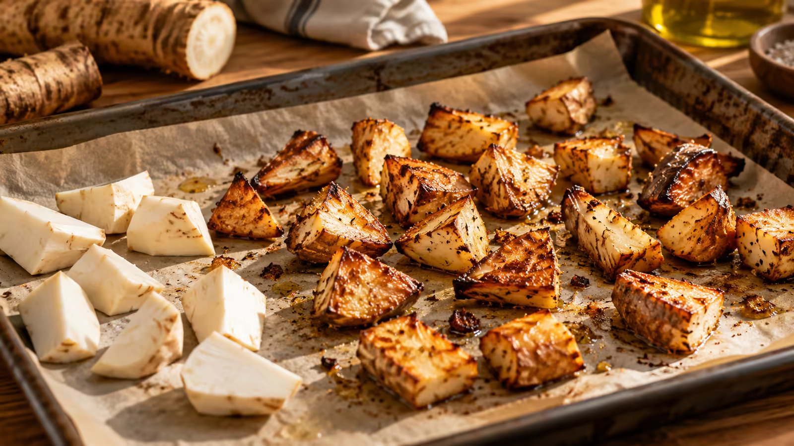 Roasted chicory root pieces cooling on a sheet pan before grinding