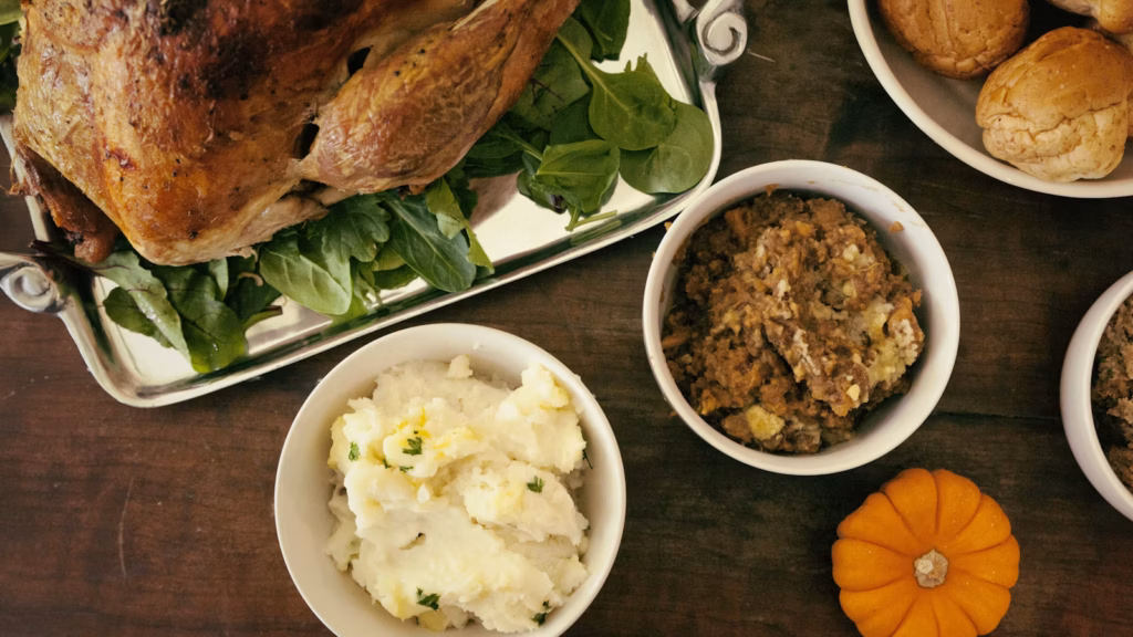 Whole roasted turkey served for Thanksgiving dinner